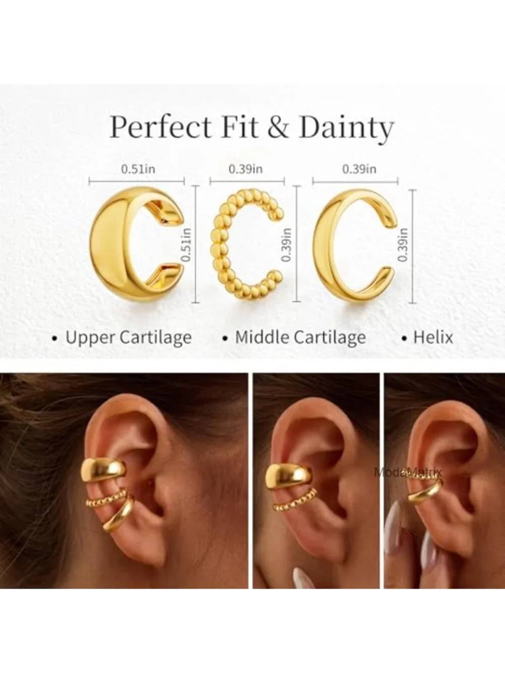 14K Gold Plated CZ Cartilage Cuff Non-Piercing Ear Cuff Stackable Set